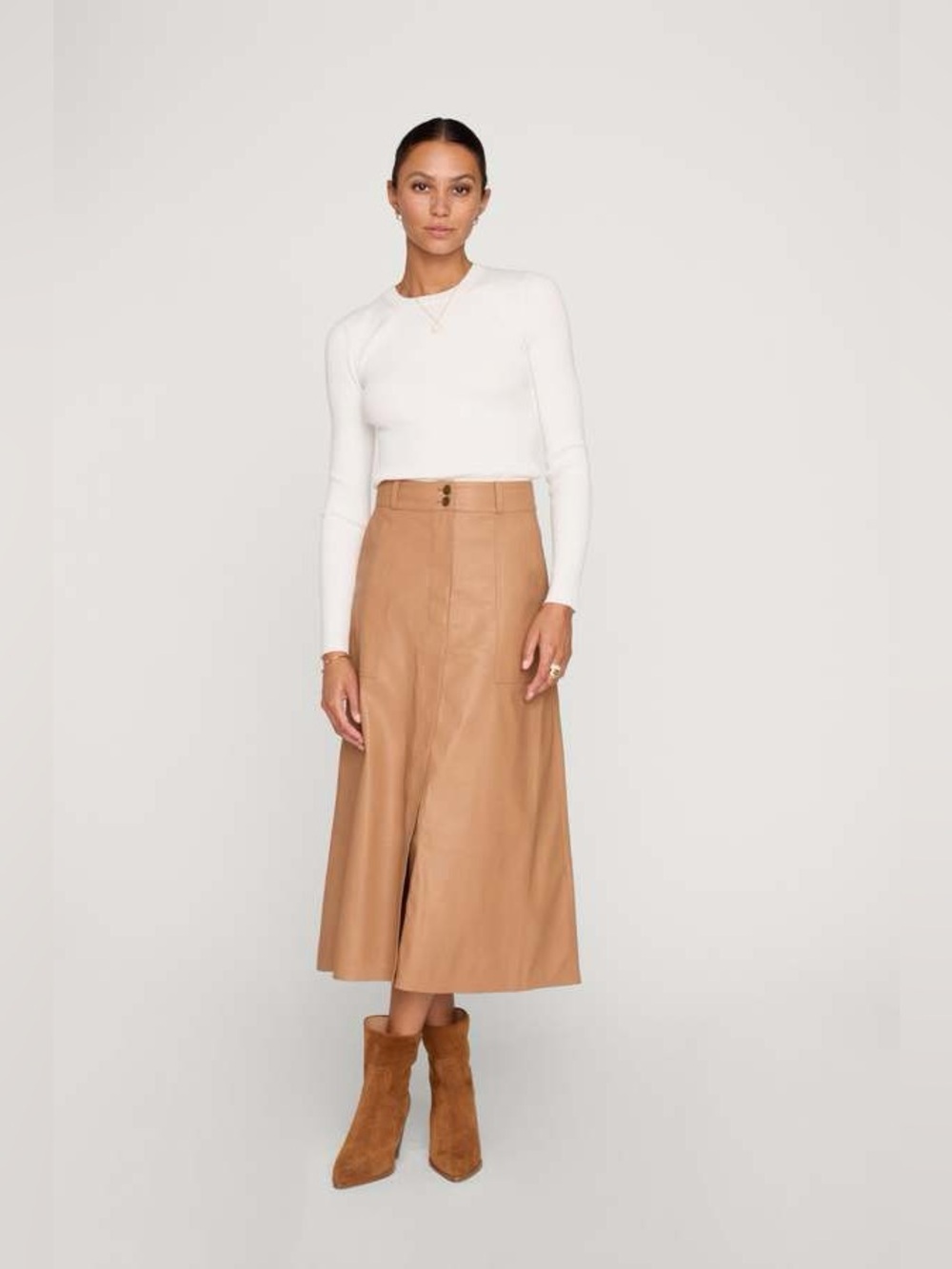 Brochu Walker Faux Leather A-Line Midi Skirt Camel Tan High Rise S Minimalist